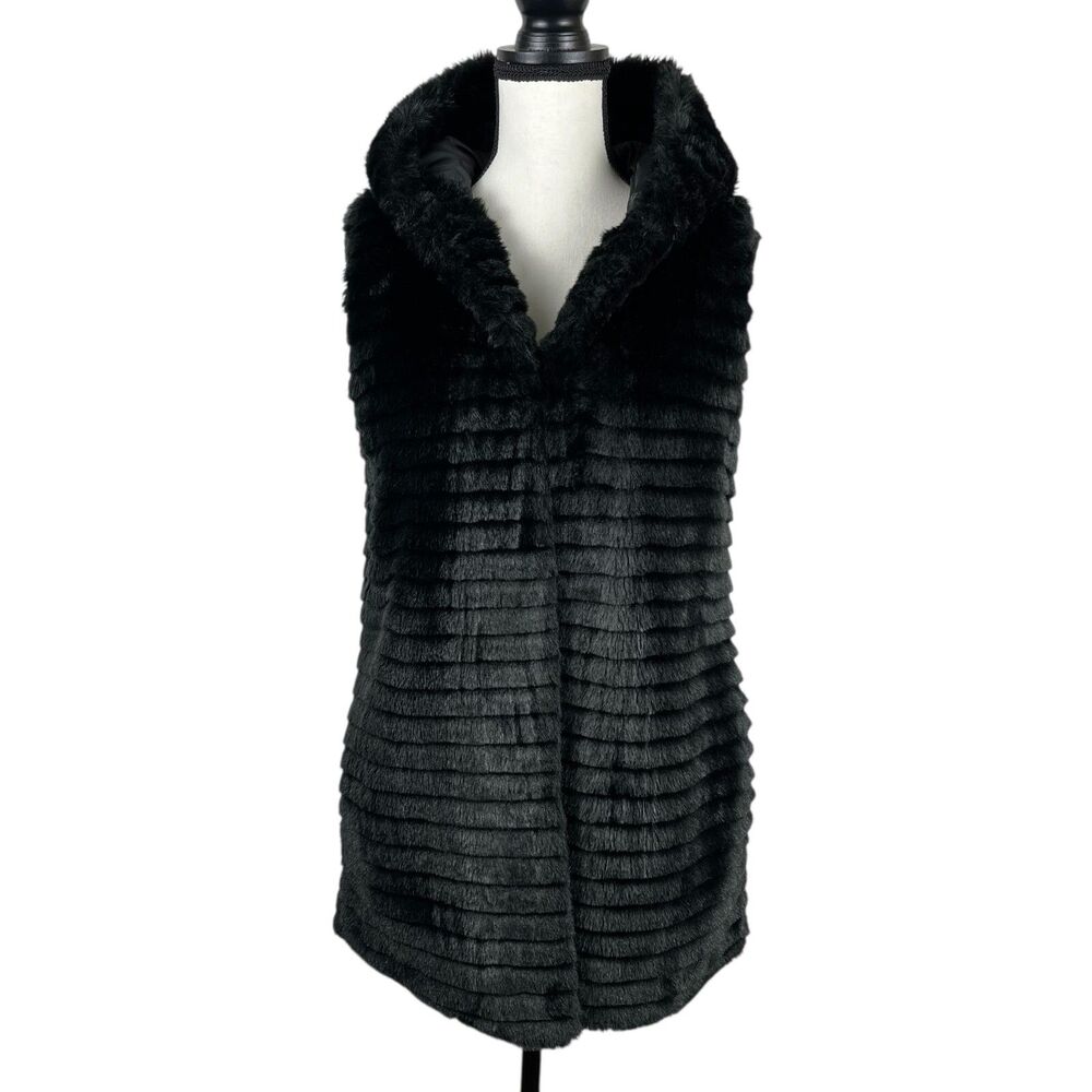 Nanette Lepore Women's Vest XS Black Faux Fur Hooded Sleeveless Pockets